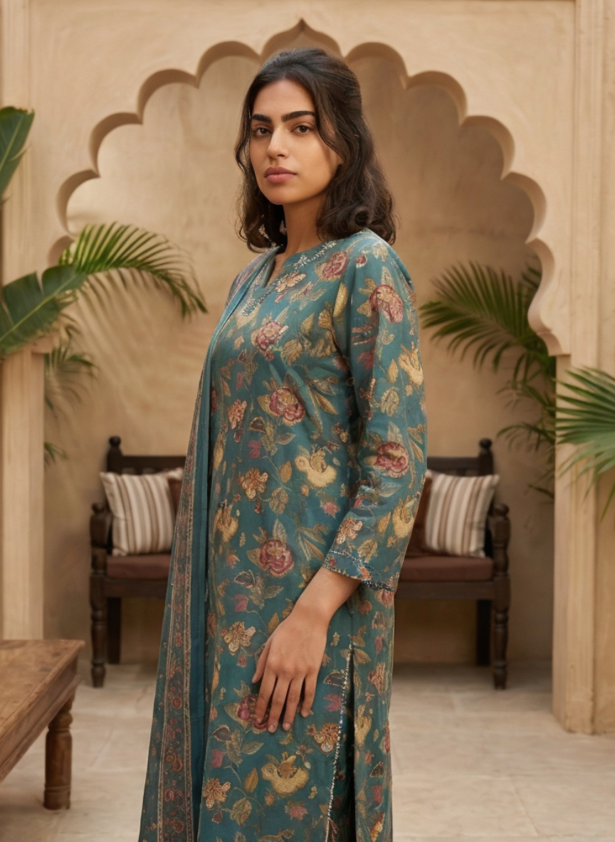 Green Floral Printed Straight Kurta Pant Set with Dupatta for Women
