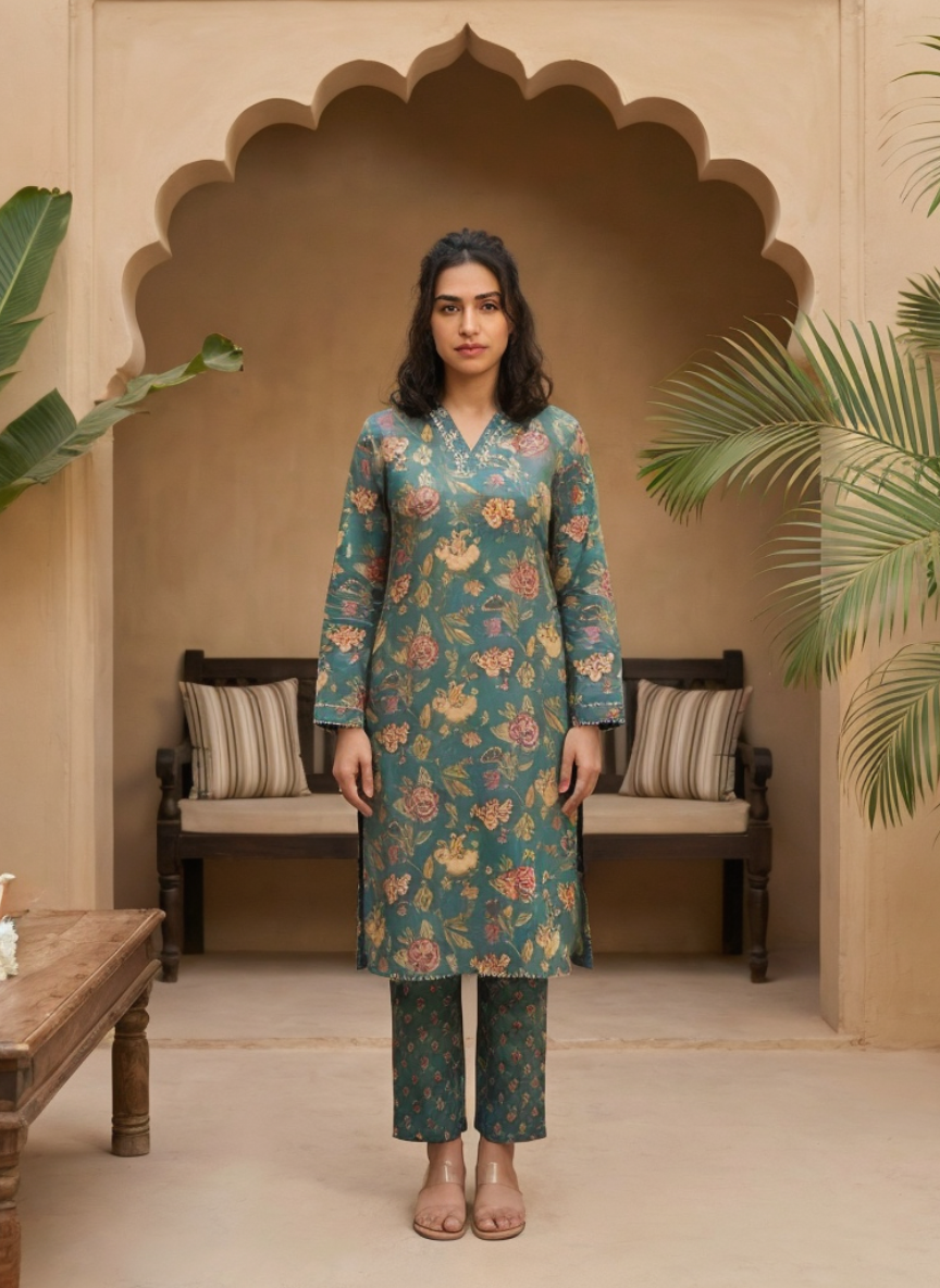 Green Floral Printed Straight Kurta Pant Set with Dupatta for Women