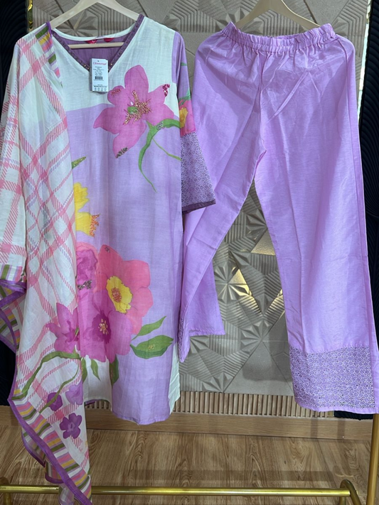 Women Lavender Floral Printed Kurta Pant Dupatta Set | Elegant Ethnic Wear for Women