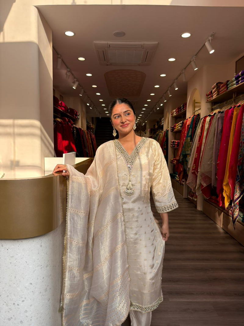 Cream Embroidered Kaftan Kurta Set with Dupatta for Women – Elegant Festive Wear