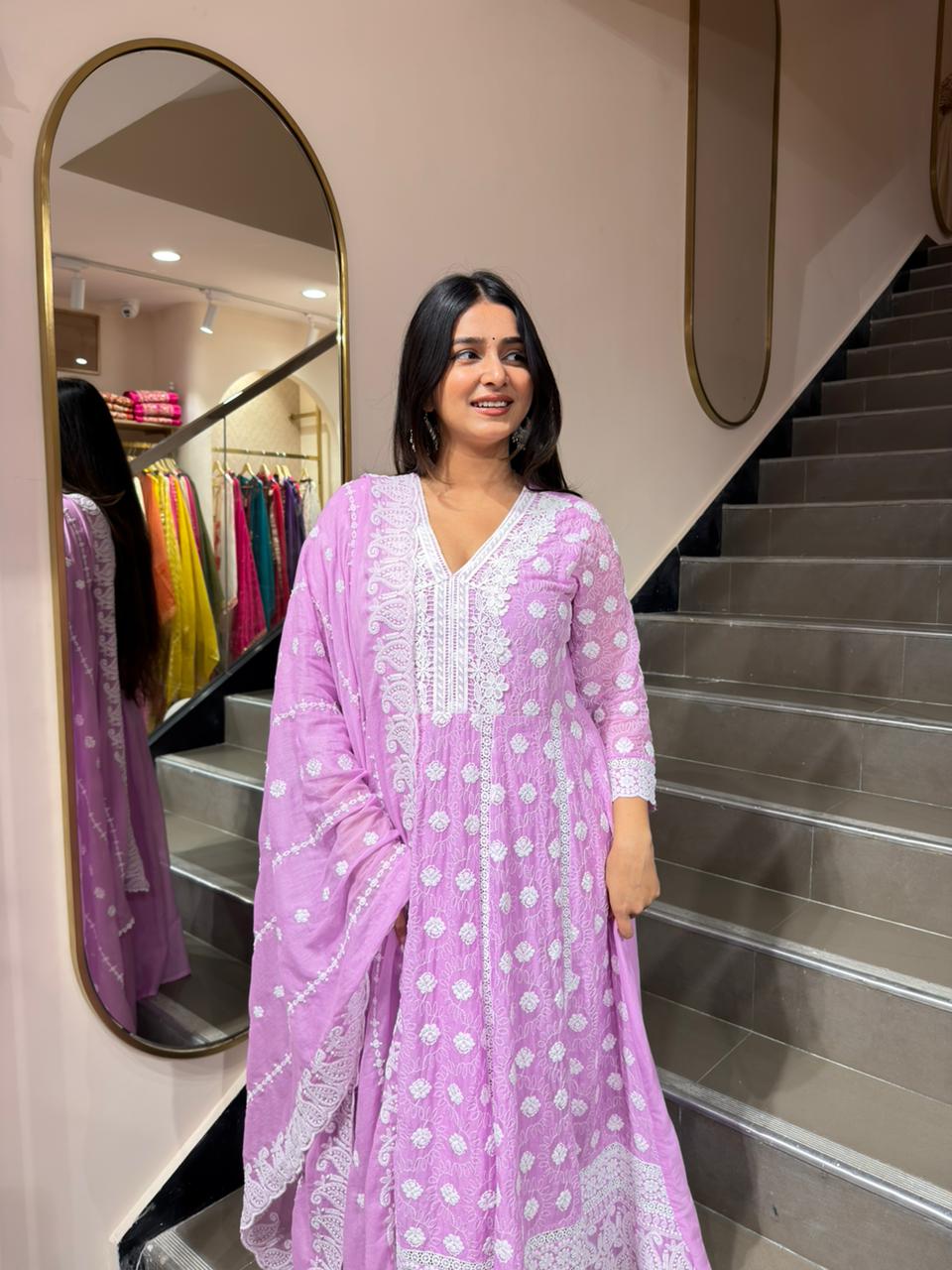 Lavender Embroidered Anarkali Kurta Set with Dupatta for Women – Elegant Festive Wear