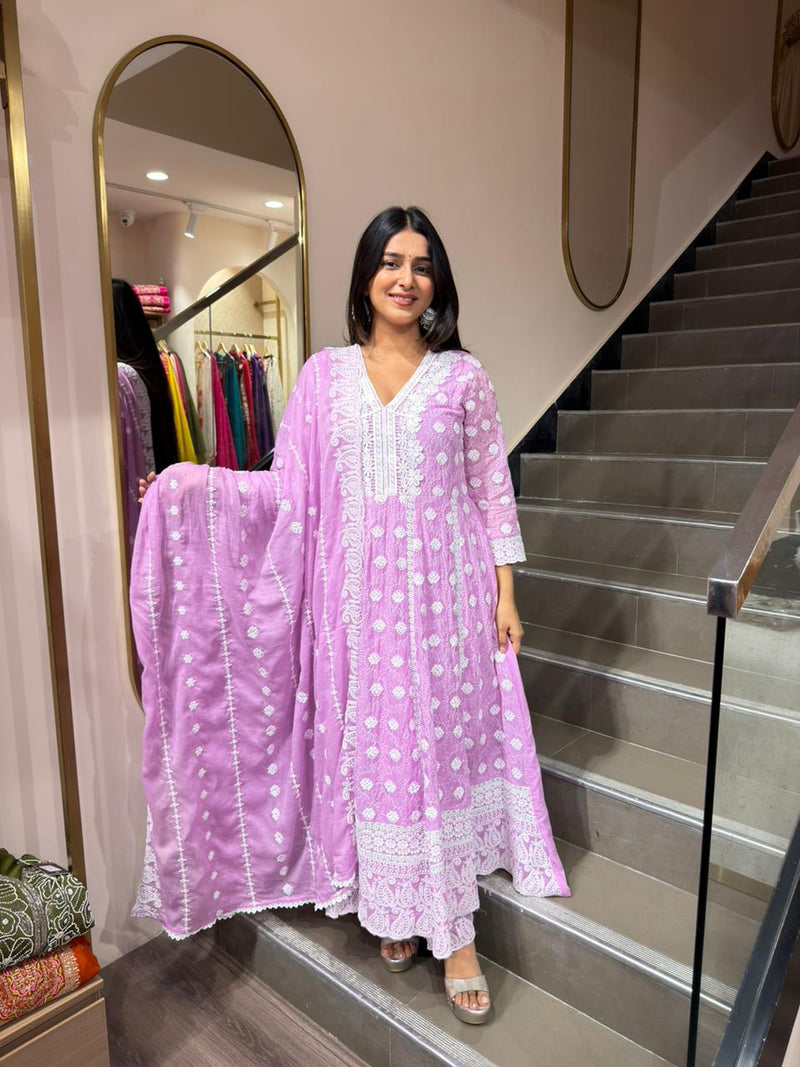 Lavender Embroidered Anarkali Kurta Set with Dupatta for Women – Elegant Festive Wear
