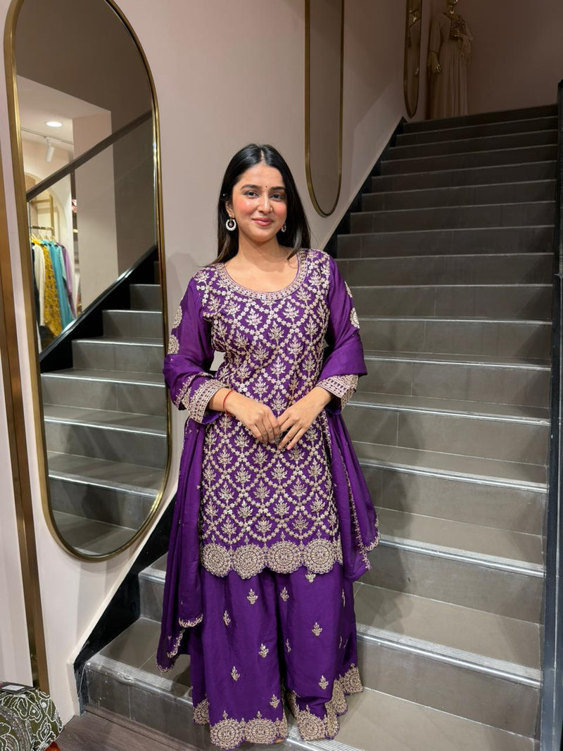Purple Heavy Embroidered Kurta Set with Sharara & Dupatta for Women – Wedding & Festive Wear