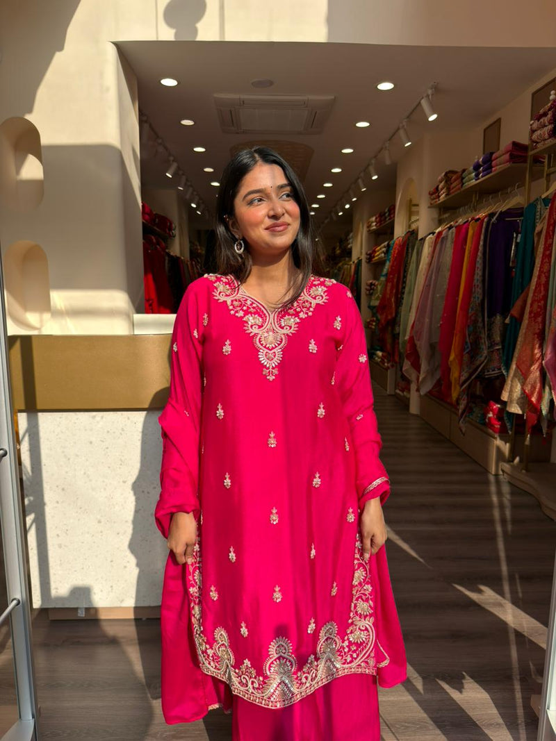 Rani Pink Embroidered Kurta Set with Palazzo for Women – Festive & Party Wear