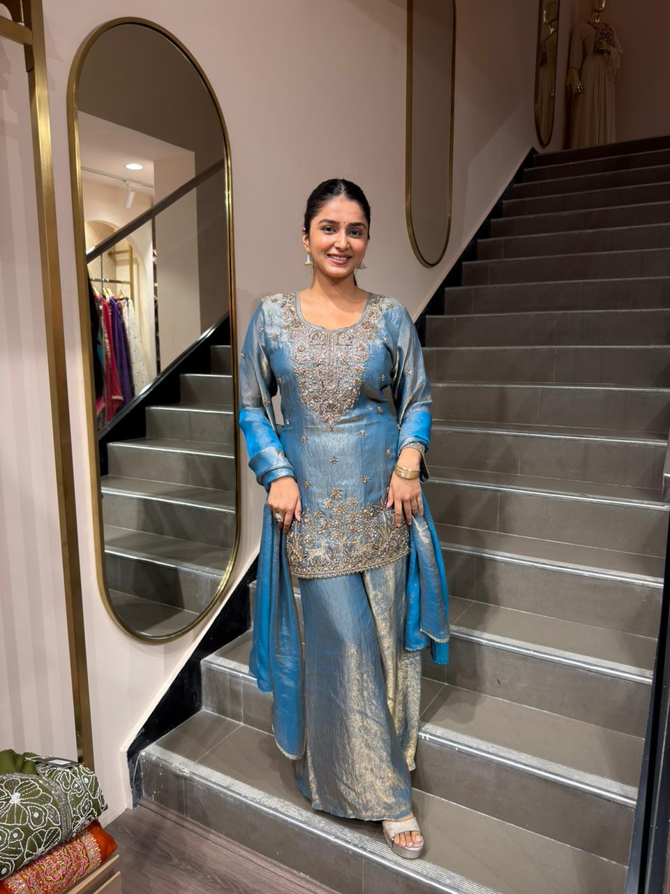 Blue Designer Embroidered Kurta Set with Palazzo & Dupatta for Women – Festive & Wedding Wear