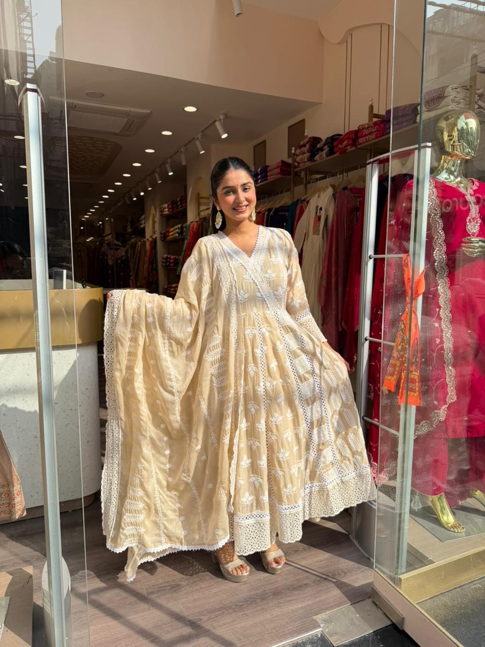 Beige Chikankari Anarkali Kurta Set with Dupatta for Women – Elegant Summer Festive Wear