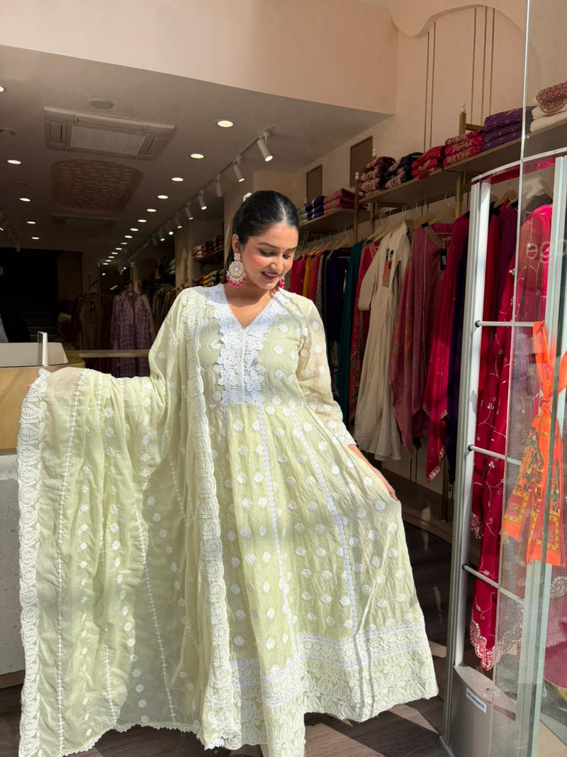 Pastel Green Chikankari Anarkali Kurta Set with Dupatta for Women – Summer Festive Wear