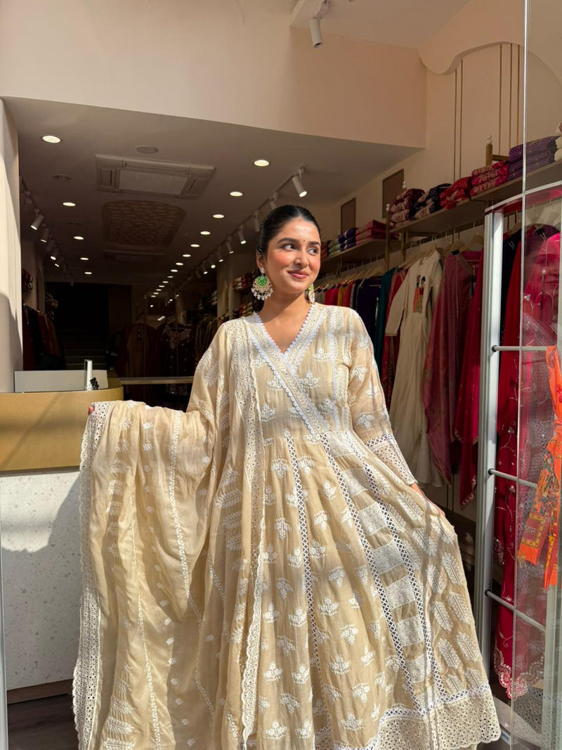 Beige Chikankari Anarkali Kurta Set with Dupatta for Women – Elegant Summer Festive Wear
