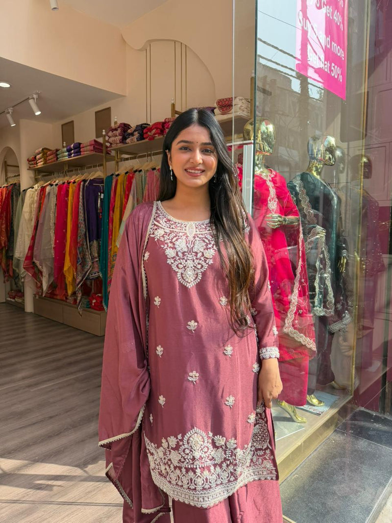 Mauve Embroidered Kurta Set with Palazzo & Dupatta for Women – Elegant Festive Wear