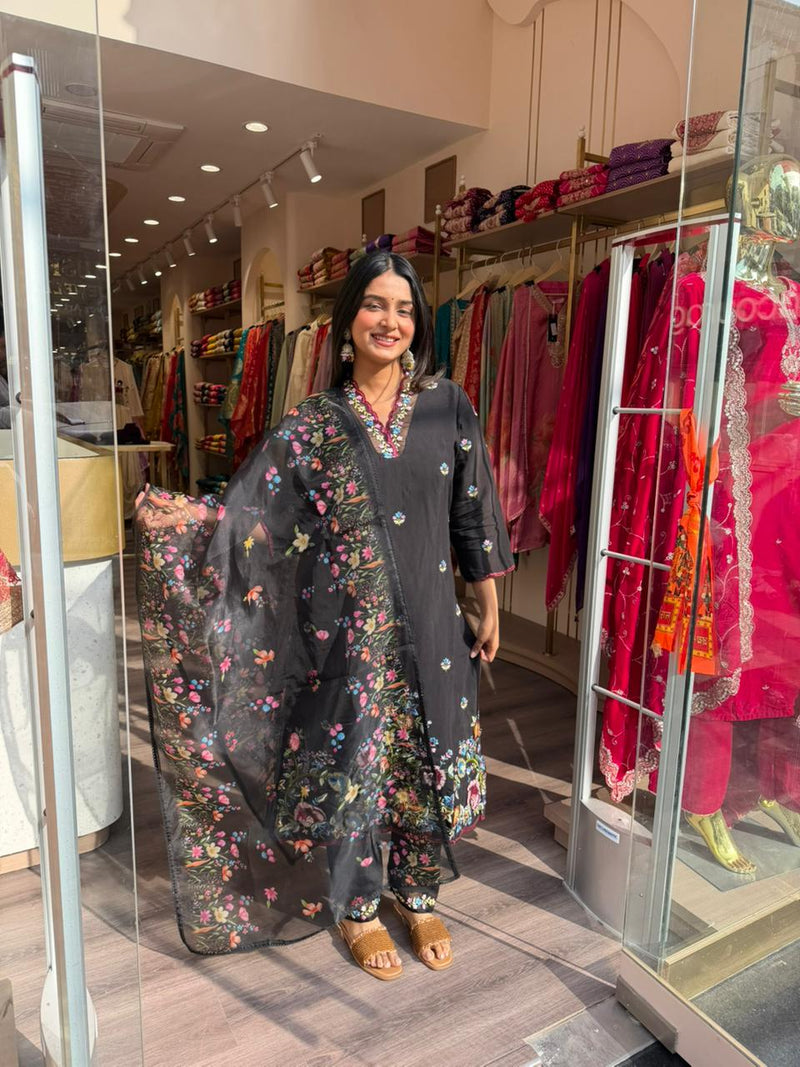 Black Floral Printed Kurta Set with Organza Dupatta for Women – Elegant Party Wear