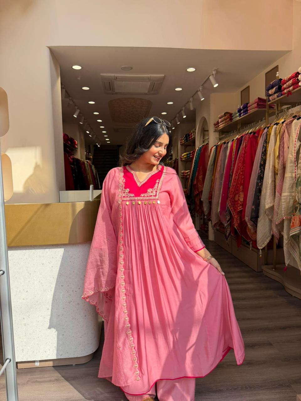 Pink Flowy Anarkali Kurta Set with Dupatta for Women – Festive & Party Wear