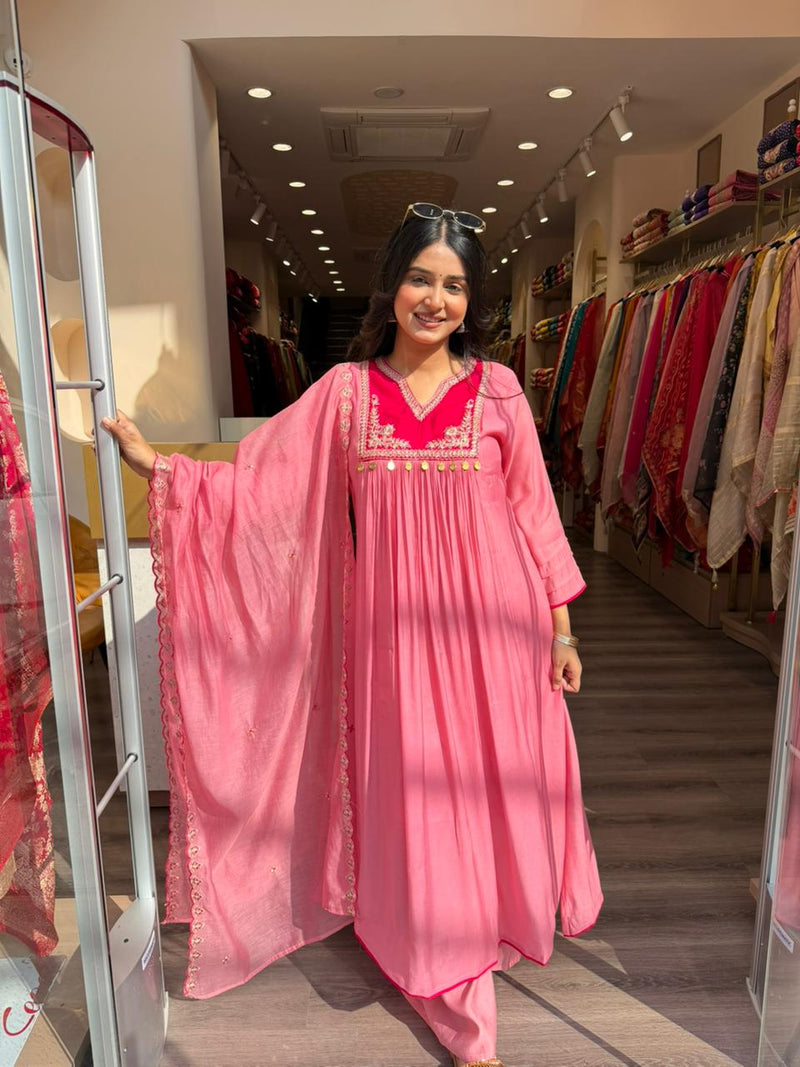 Pink Flowy Anarkali Kurta Set with Dupatta for Women – Festive & Party Wear