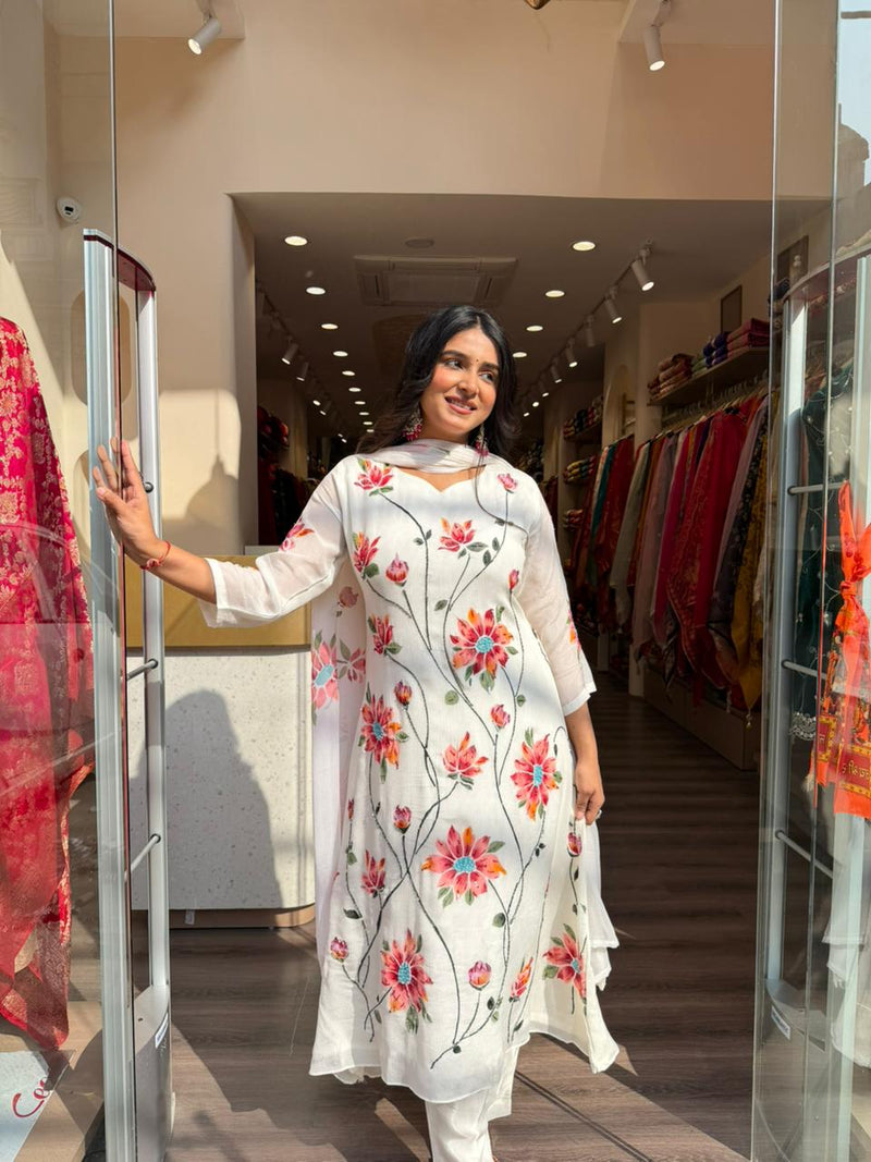 White Floral Printed Cotton Kurta Set with Dupatta for Women | Elegant Daily Wear Ethnic Suit