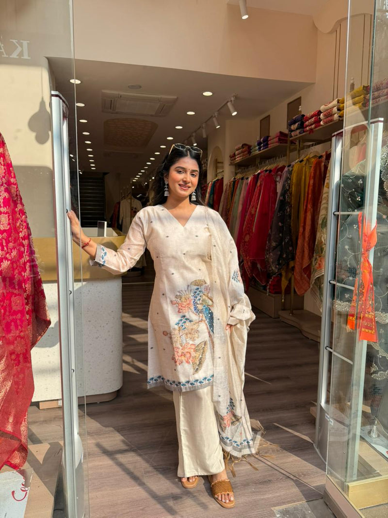 Beige Artistic Printed Cotton Kurta Set with Dupatta | Elegant Ethnic Wear for Women