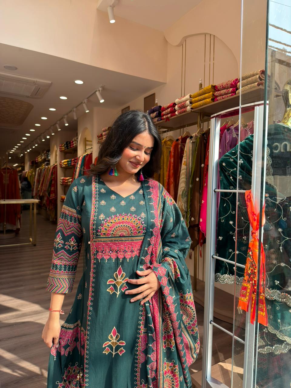 Dark Green Printed Anarkali Kurta Set with Dupatta | Festive Ethnic Wear for Women