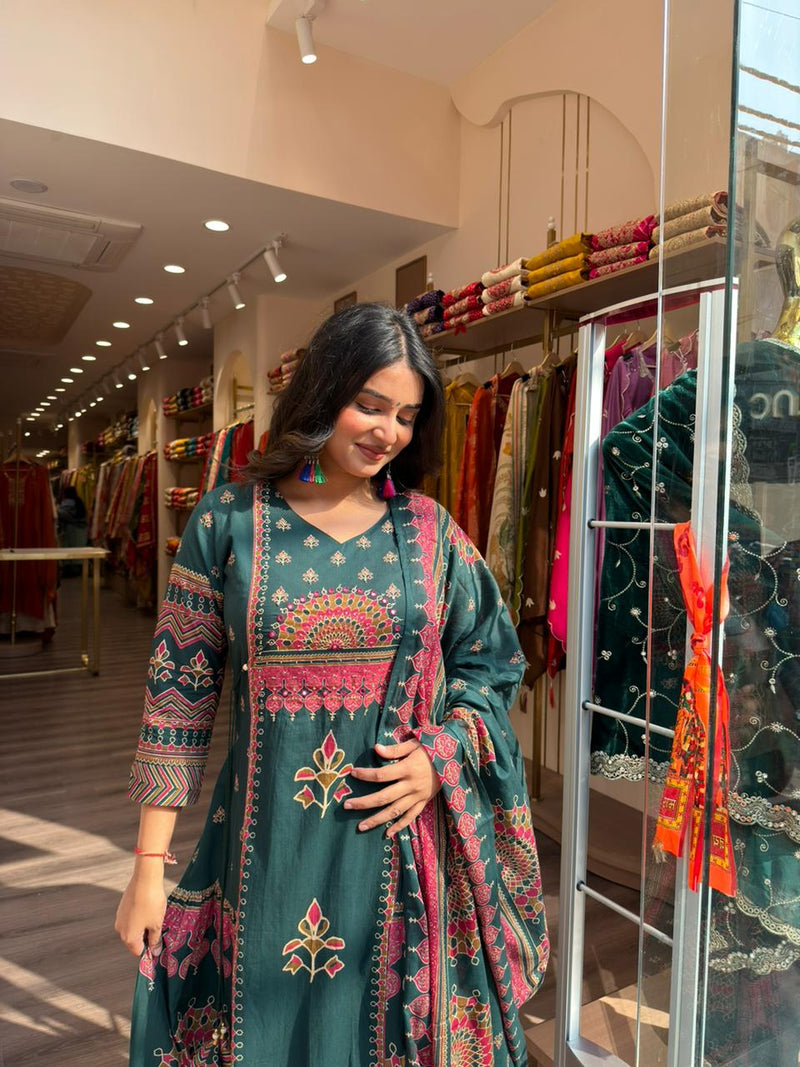 Dark Green Printed Anarkali Kurta Set with Dupatta | Festive Ethnic Wear for Women