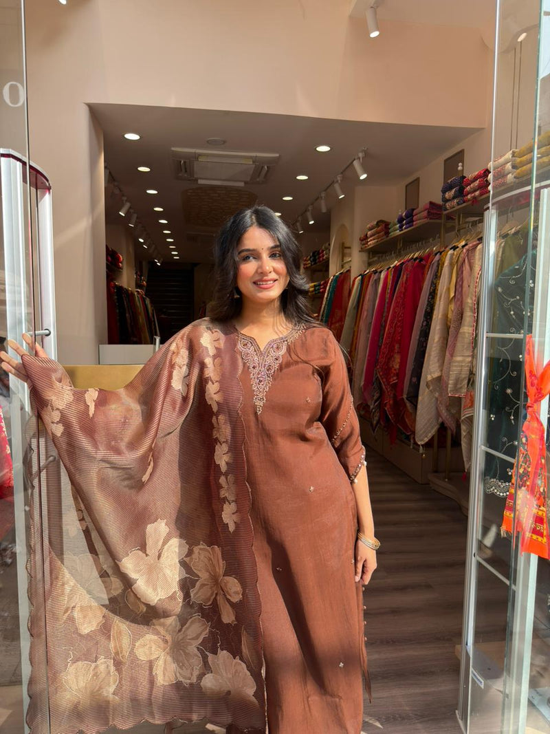 Elegant Brown Linen Blend Kurta Set with Floral Dupatta for Women