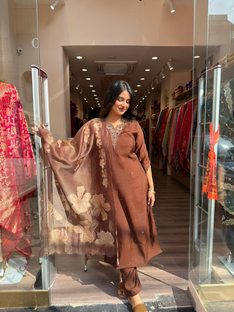Elegant Brown Linen Blend Kurta Set with Floral Dupatta for Women
