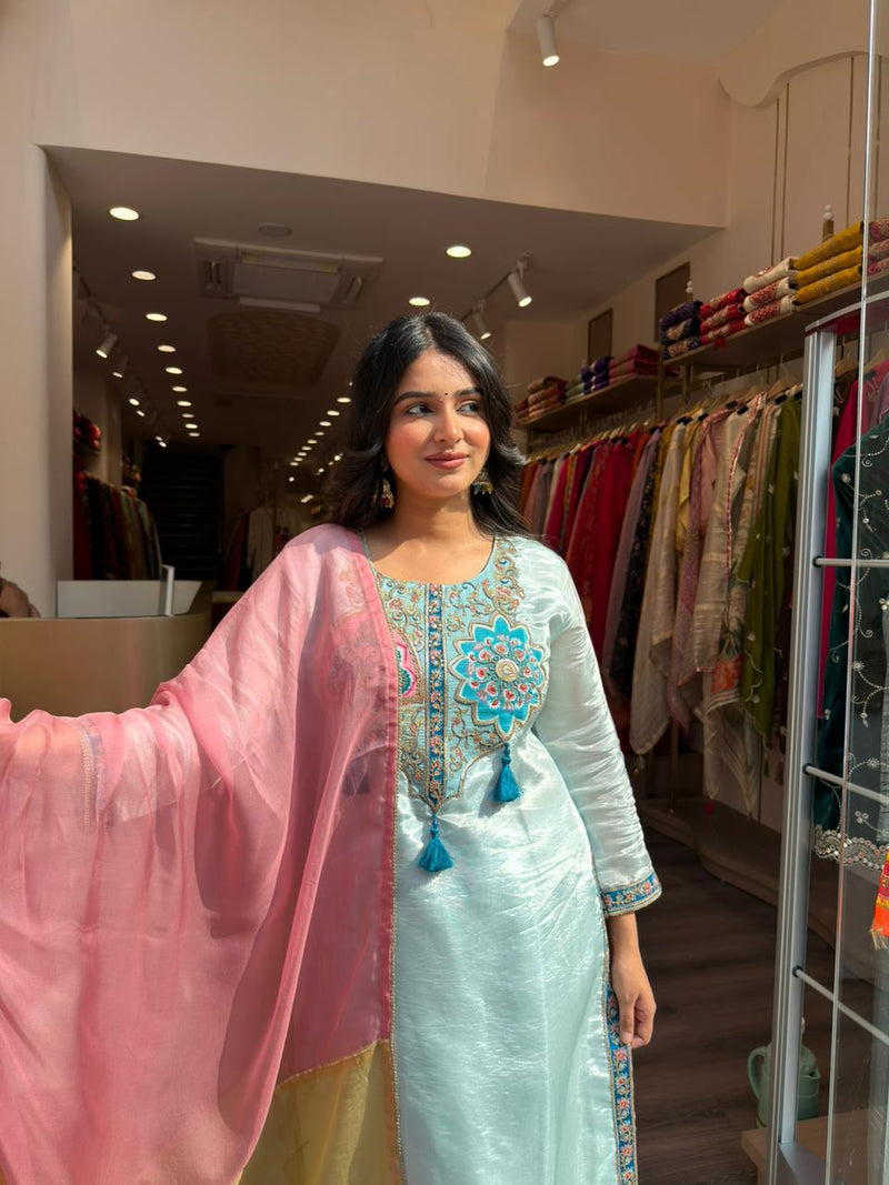 Pastel Blue Silk Blend Kurta Set with Embroidery & Pink Dupatta for Women