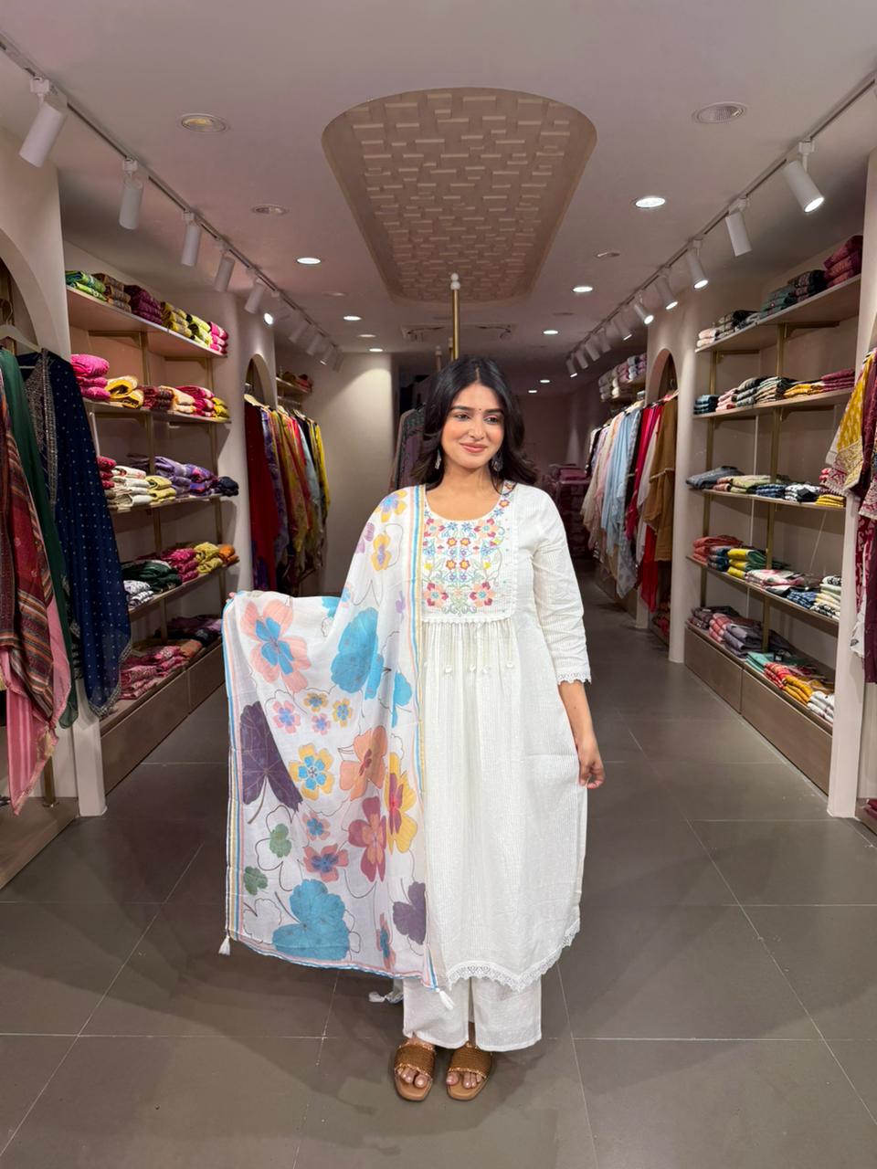 White Cotton Anarkali Kurta Set with Floral Printed Dupatta for Women