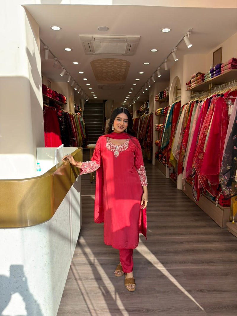 Elegant Red Embroidered Silk Blend Kurta Set with Dupatta for Women (Festive Wear)