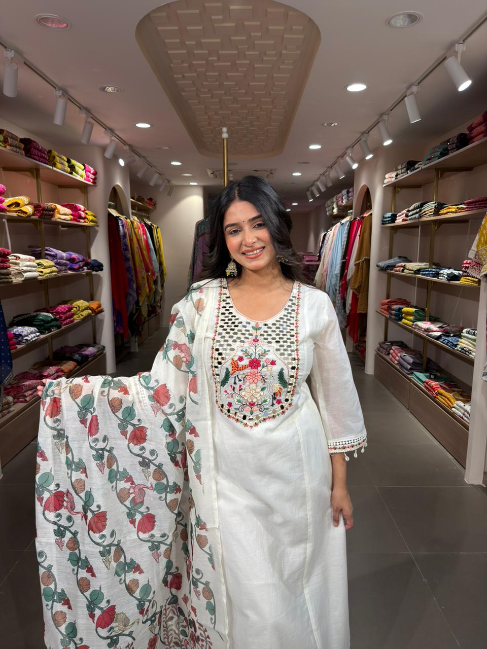White Floral Embroidered Cotton Kurta Set with Printed Dupatta for Women