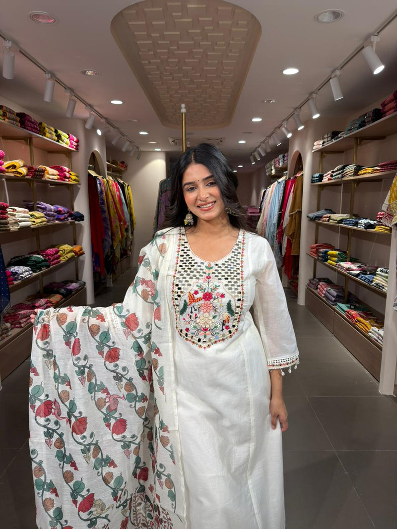White Floral Embroidered Cotton Kurta Set with Printed Dupatta for Women