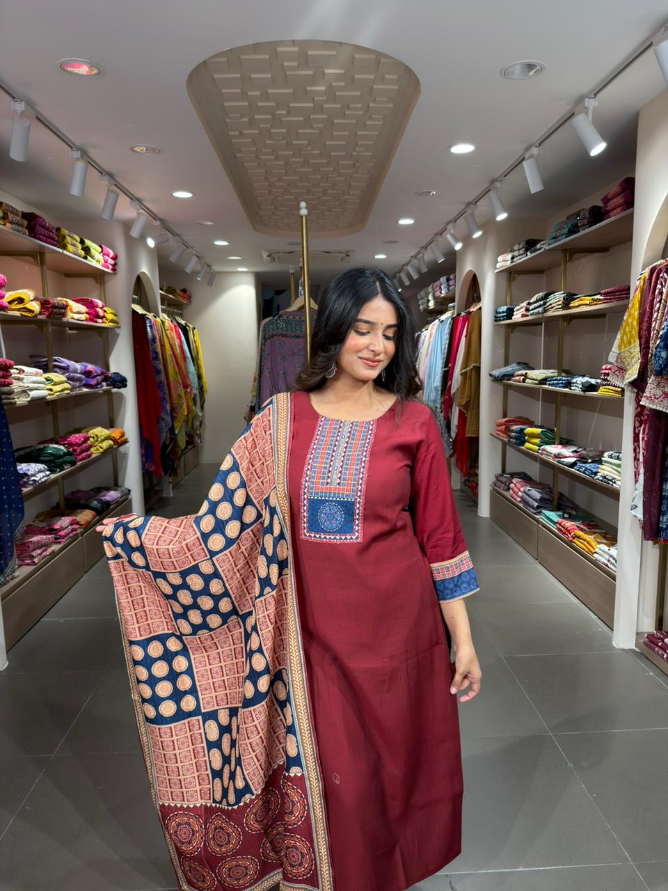 Maroon Printed Kurta Set with Contrast Dupatta for Women