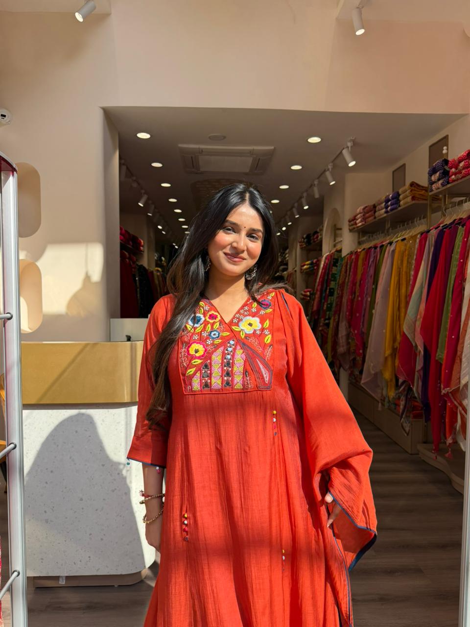 Rust Orange Embroidered Kaftan Style Kurta Set for Women