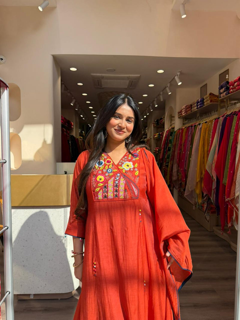 Rust Orange Embroidered Kaftan Style Kurta Set for Women