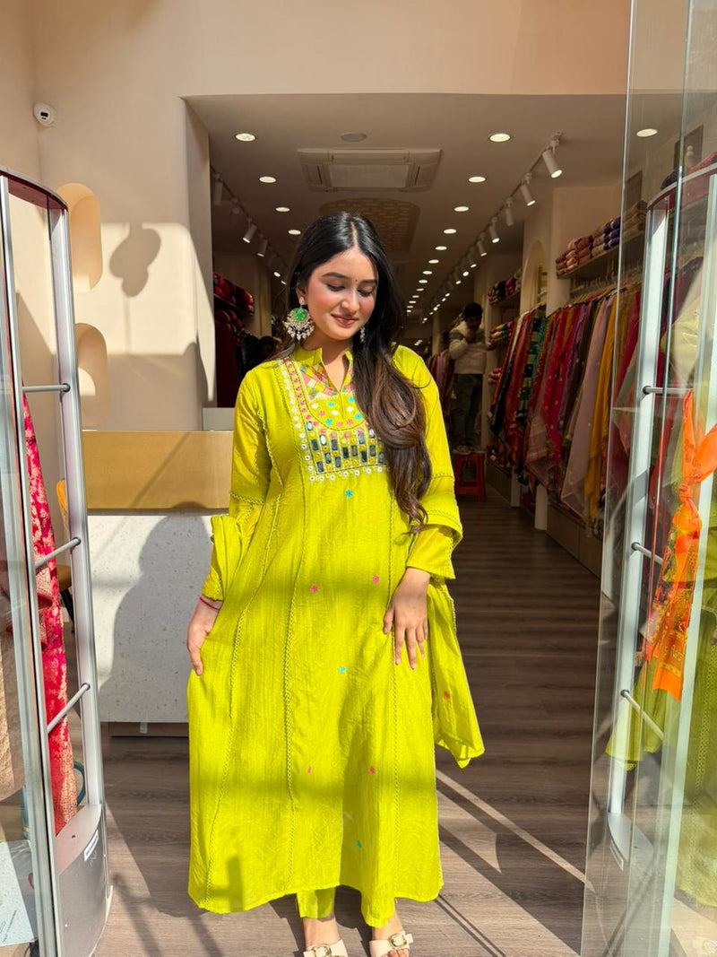 Lime Green Embroidered A-Line Kurta Set with Dupatta for Women | Festive & Casual Wear