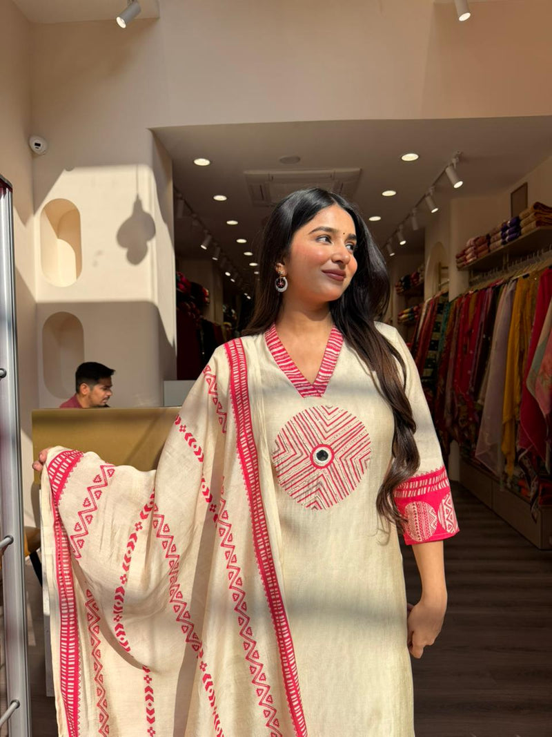 Beige & Red Printed Straight Kurta Set with Dupatta for Women | Ethnic Daily Wear