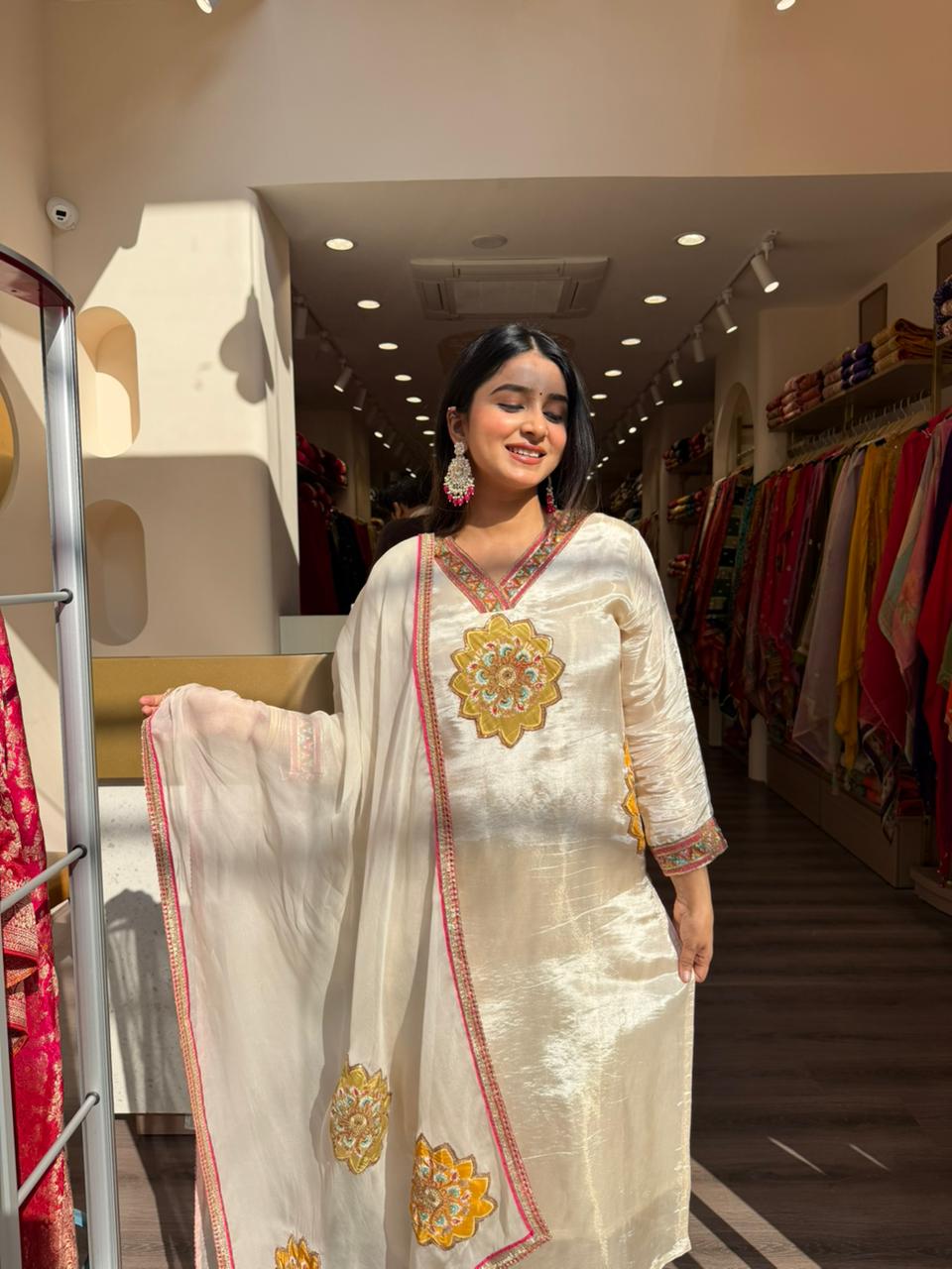 Off White Embroidered Silk Kurta Set with Dupatta for Women | Festive & Wedding Wear