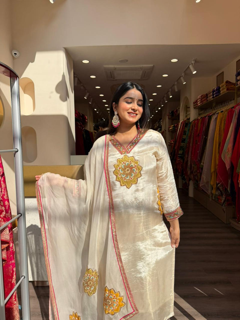 Off White Embroidered Silk Kurta Set with Dupatta for Women | Festive & Wedding Wear