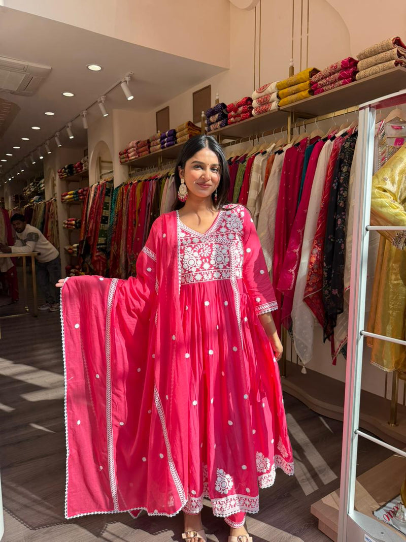 Rani Pink Anarkali Kurta Set with Dupatta for Women | Embroidered Festive Wear