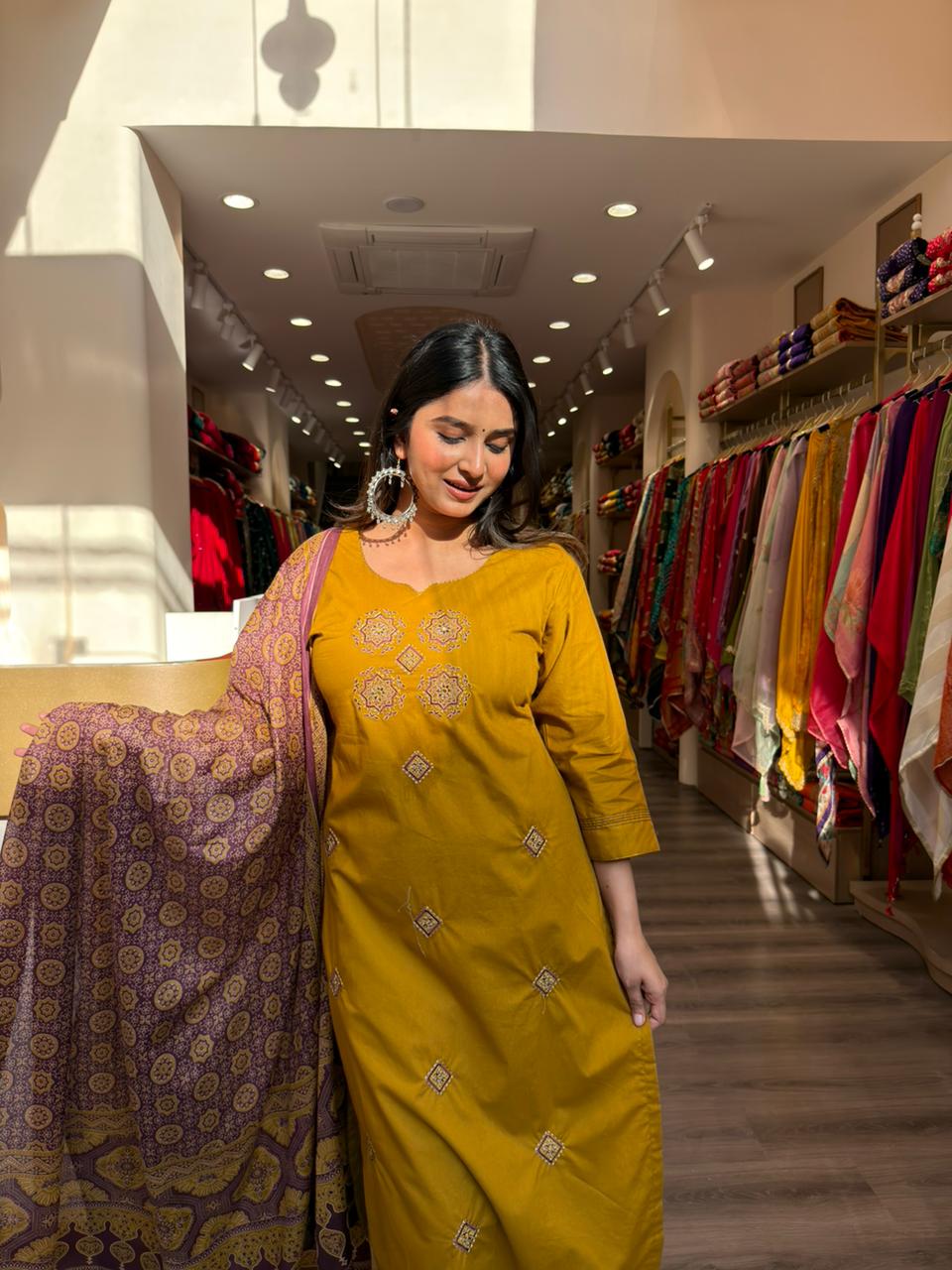 Mustard Yellow Straight Kurta Pant Set with Ethnic Printed Dupatta for Women