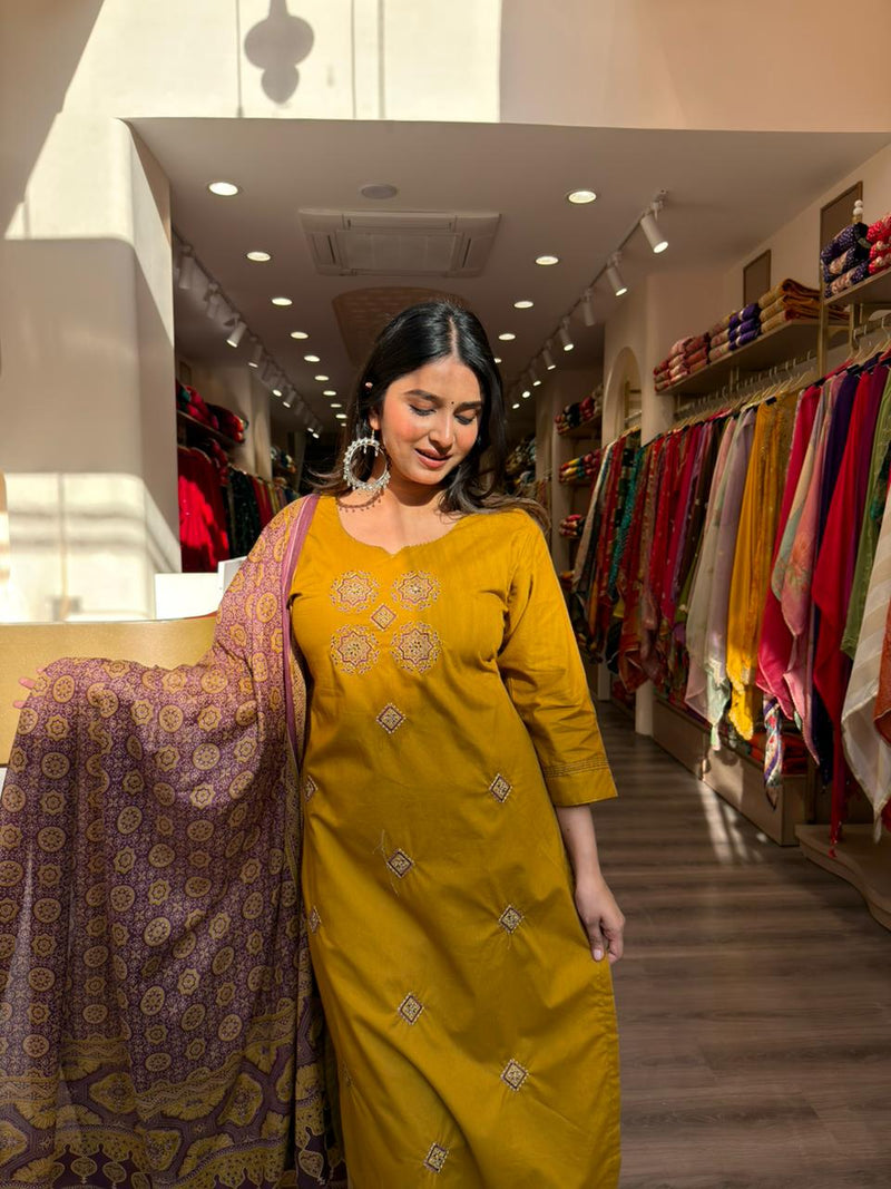 Mustard Yellow Straight Kurta Pant Set with Ethnic Printed Dupatta for Women