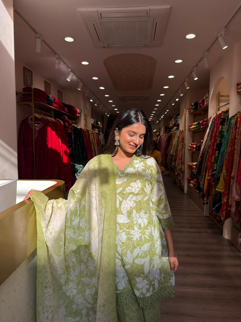 Pastel Green Floral Printed Kurta Pant Set with Dupatta for Women