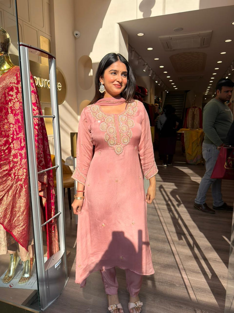 Peach Embroidered Kurta Pant Set with Dupatta for Women | Festive Ethnic Wear