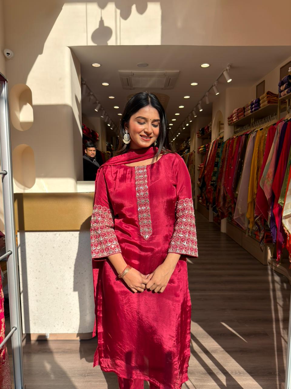Wine Red Silk Embroidered Kurta Set with Dupatta for Women