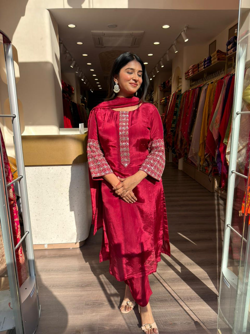 Wine Red Silk Embroidered Kurta Set with Dupatta for Women