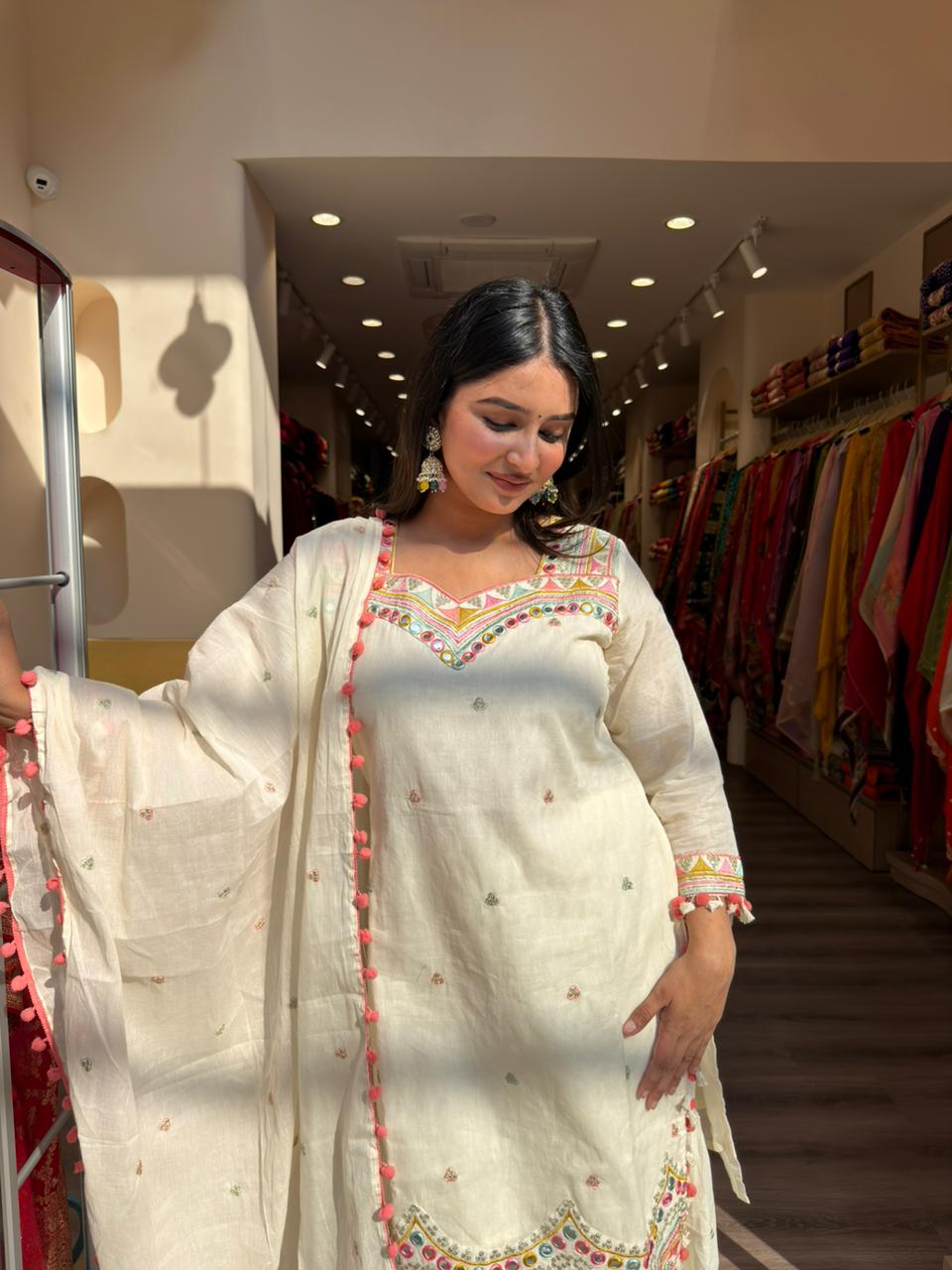 Off White Embroidered Kurta Sharara Set with Dupatta for Women