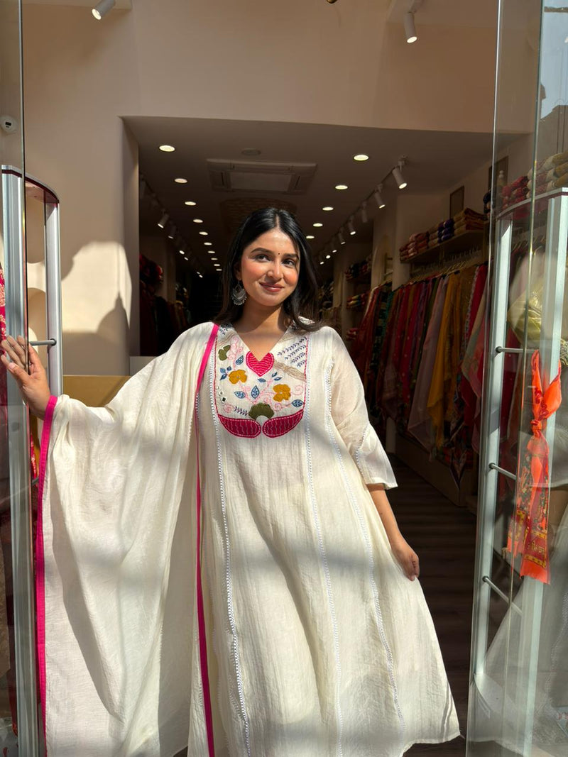 Off White A-Line Embroidered Kurta Set with Dupatta for Women
