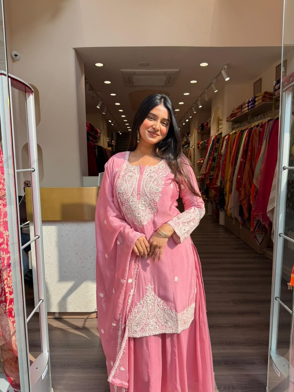 Pink Heavy Embroidered Kurta Sharara Set with Dupatta for Women