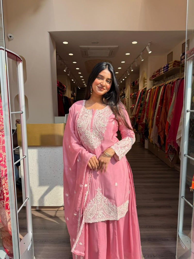 Pink Heavy Embroidered Kurta Sharara Set with Dupatta for Women
