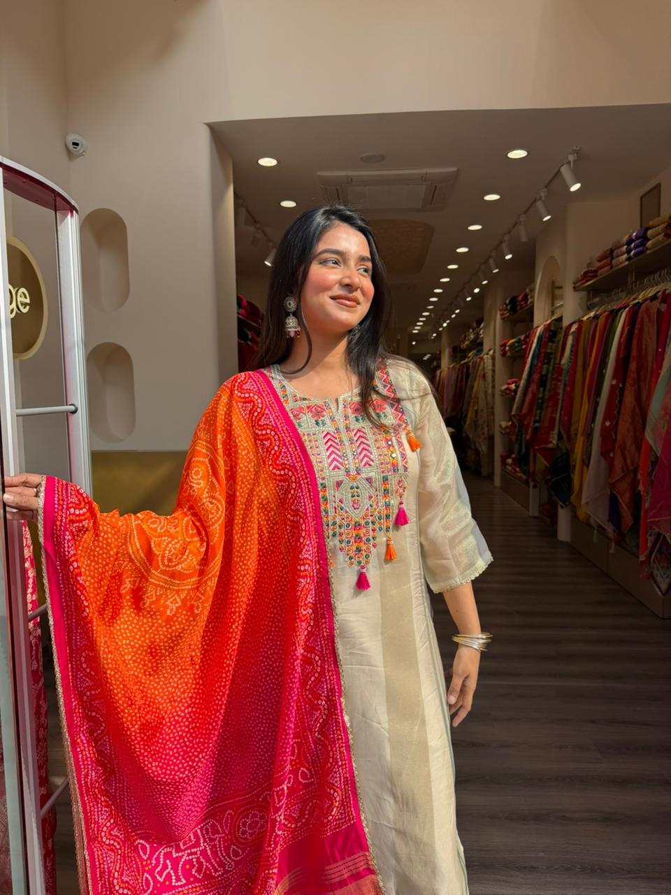 Beige Embroidered Kurta Set with Bandhani Style Dupatta for Women