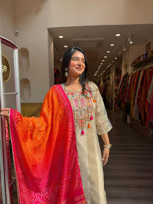 Beige Embroidered Kurta Set with Bandhani Style Dupatta for Women