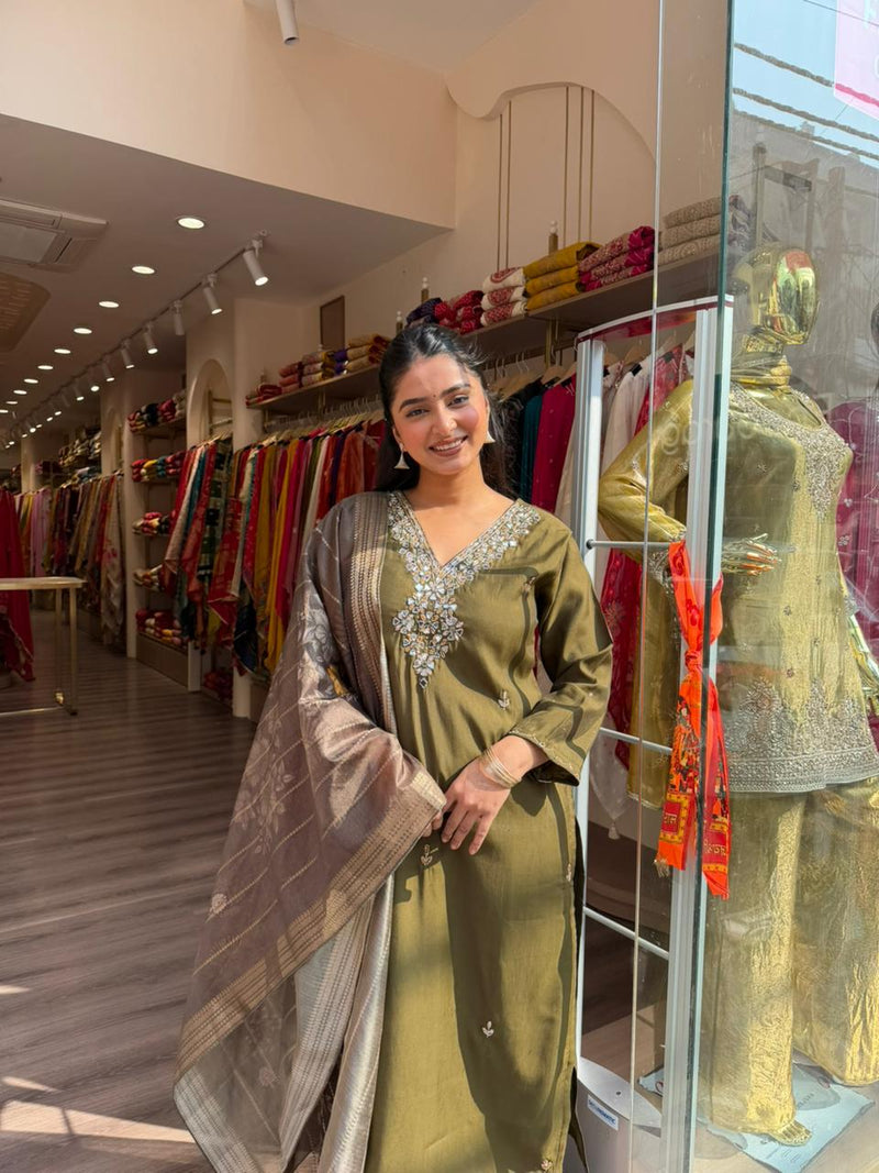 Olive Green Embroidered Kurta Set with Designer Dupatta for Women