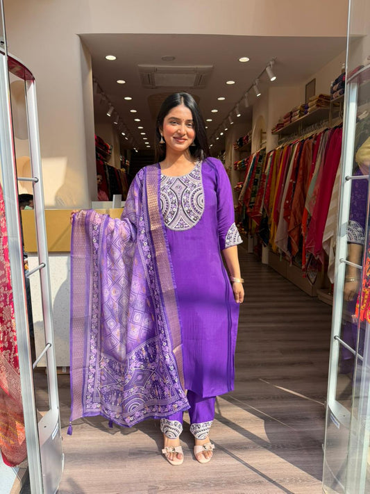 Purple Printed Kurta Set with Dupatta for Women | Ethnic Straight Suit Set
