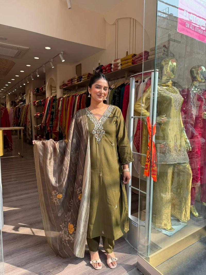 Olive Green Embroidered Kurta Set with Designer Dupatta for Women